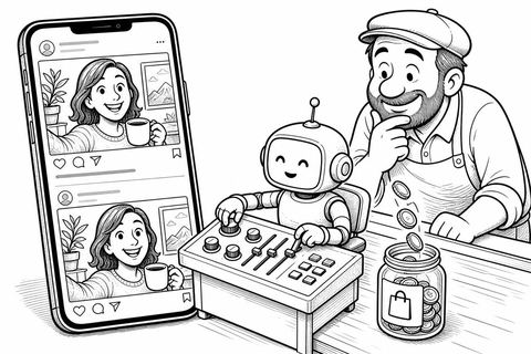Komiks. Robot ustawia pokrętła reklamy, na telefonie reklama wygląda jak zwykły post, monety wpadają do słoika ze sklepem, właściciel patrzy zadowolony