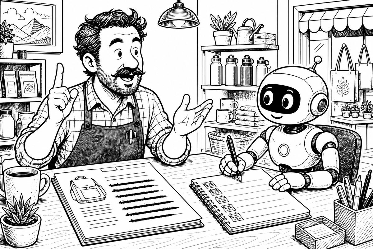 Komiks. Właściciel sklepu dyktuje, robot zapisuje reguły z datami w notesie, obok opis produktu z przekreślonymi zwrotami