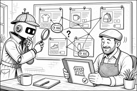 Komiks. Robot detektyw z lupą przegląda strony sklepu przypięte do tablicy i znajduje dwie niezgodne ceny, właściciel czyta gotowy segregator o sklepie