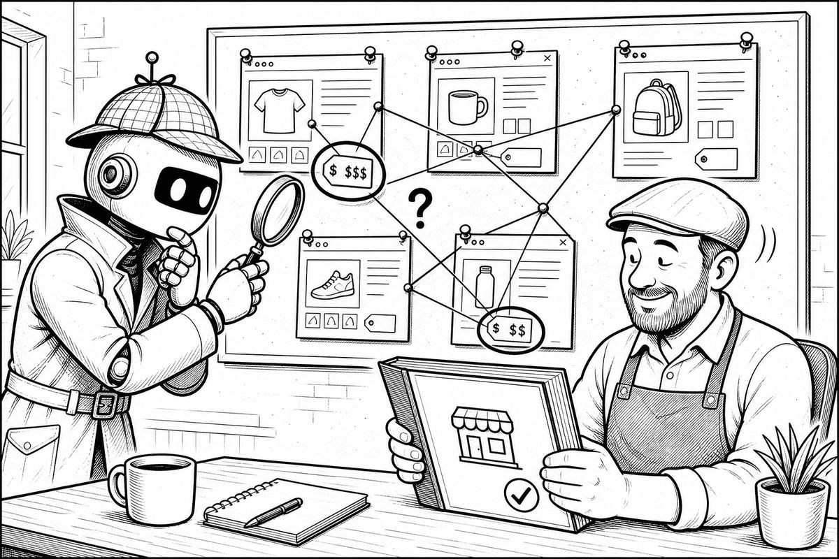 Komiks. Robot detektyw z lupą przegląda strony sklepu przypięte do tablicy i znajduje dwie niezgodne ceny, właściciel czyta gotowy segregator o sklepie