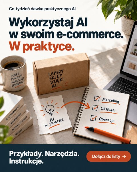 Pierwsza reklama. Grafika z hasłem Wykorzystaj AI w swoim e-commerce. W praktyce, biurko z kubkiem, pudełkiem i laptopem.