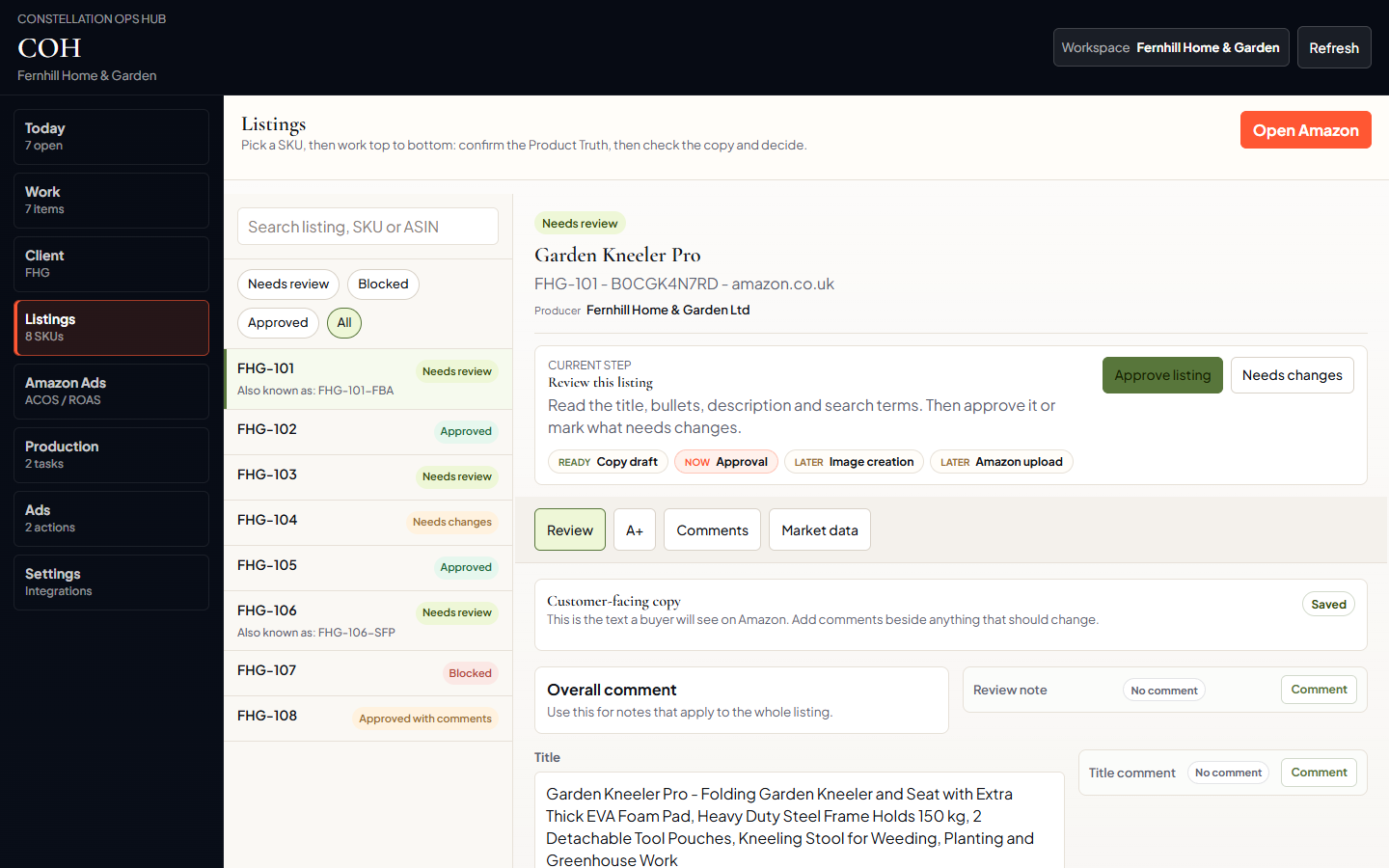 Listings view in the Constellation Operations Hub. SKU list and content approval panel. Demo data.