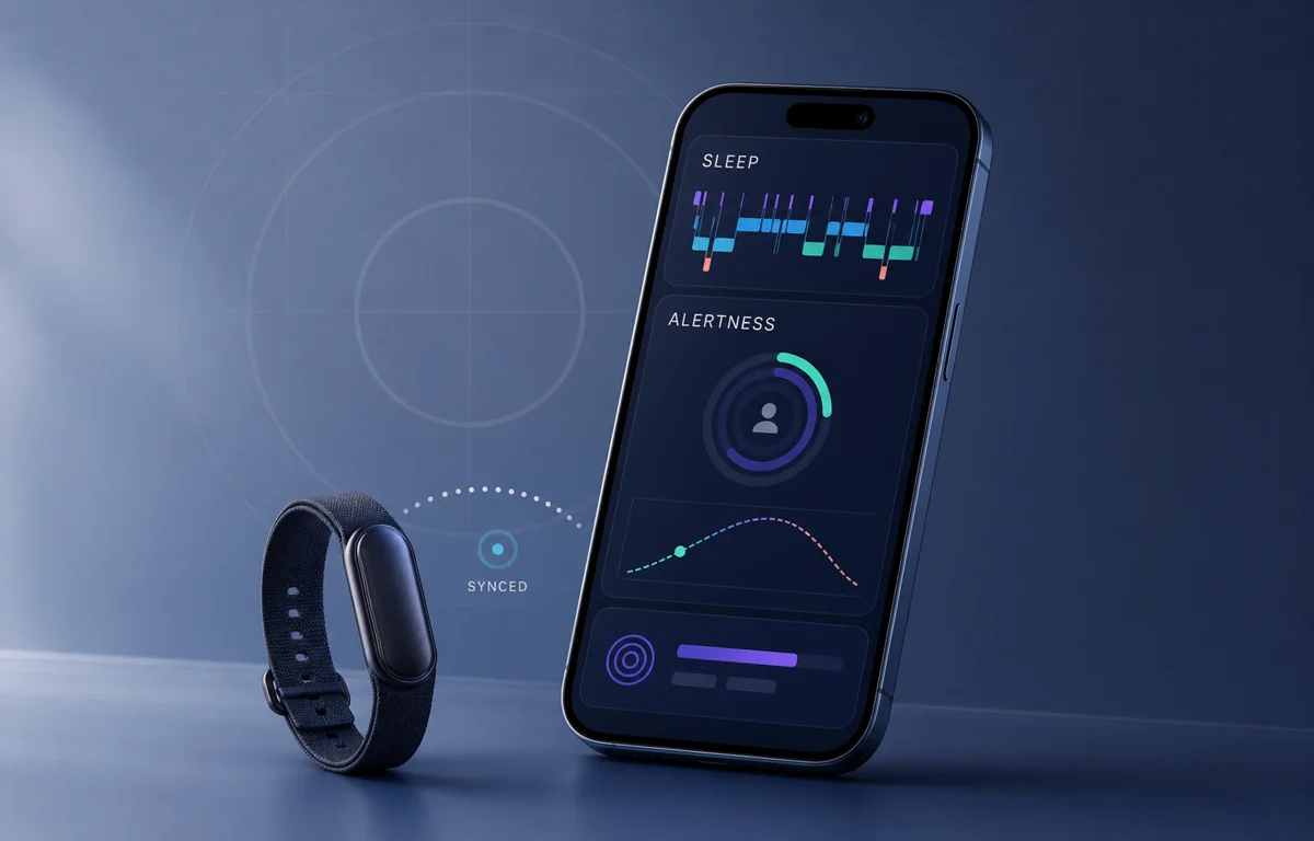 Health app showing sleep and alertness data on a phone with a wearable band
